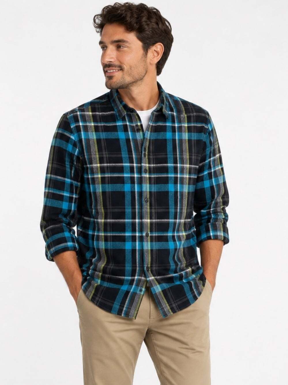 Ocean Current Black Blue Plaid Long Sleeve Roll Up Flannel Dress Shirt Size Med